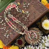 Vriksham Peacock Pendant 2 Layer Green Beaded Mala-Red White-White Aqua Bead-J3328